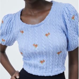 ZARA Cable Knit Puff Sleeve Crop Top